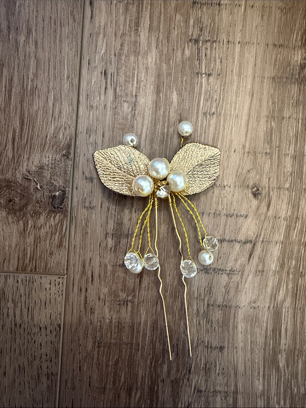 Gold Leaf Hair Pin with Pearl & Crystal Drops